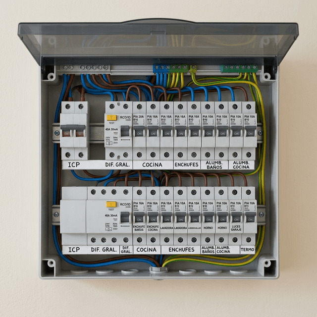 Modern Spanish home fuse box with RCD and circuit breakers